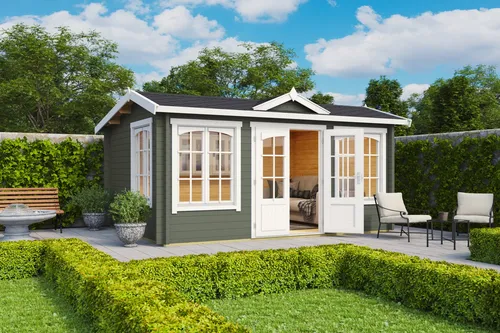 Gartenhaus Blockhaus Satteldach 44 mm Windsor 44 grün - Gartenhaus aus Blockbohlen mit Satteldach, abschließbar und ideal für Gartenlagerung. Mit 11,4 m² Nutzfläche und 5 Jahren Herstellergarantie.