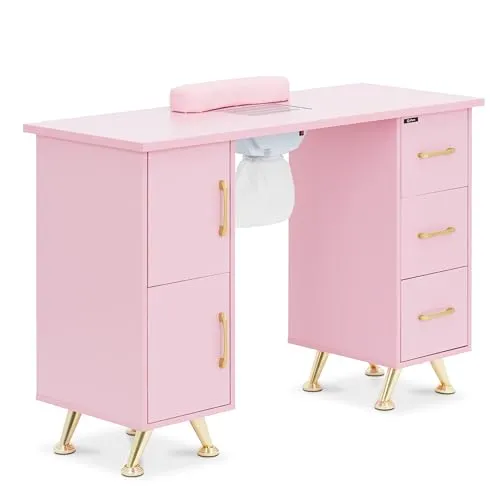 Physa Schminktisch Nageltisch Rosa / Gold mit Absaugung - Schminktisch - eleganter Nageltisch in Rosa mit goldenen Akzenten und integrierter Staubabsaugung für einen hygienischen Arbeitsplatz.