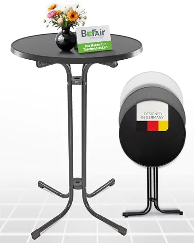 BeFair Stehtisch Klappbar Anthrazit, 80 cm Rund, Nico - Stabiler Bartisch in Höhe 110 cm mit 4 praktischen Haken für Jacken oder Handtaschen - Wetterbeständig, mit kratzfester Tischplatte