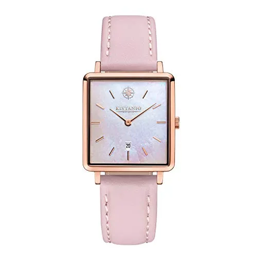 Kistanio Carré Damenuhr mit Lederband Datum Edelstahl Rose Perlmutt Saphirglas RG-PM-L-ZRO