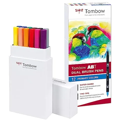 Tombow Fasermaler Dual Brush Pen 12er Set - Primärfarben - Schreibutensilien: Vielseitiges 12er Set mit Dual Brush Pens für kreative Zeichnungen und Farbverläufe, ideal für Künstler und Bastler.