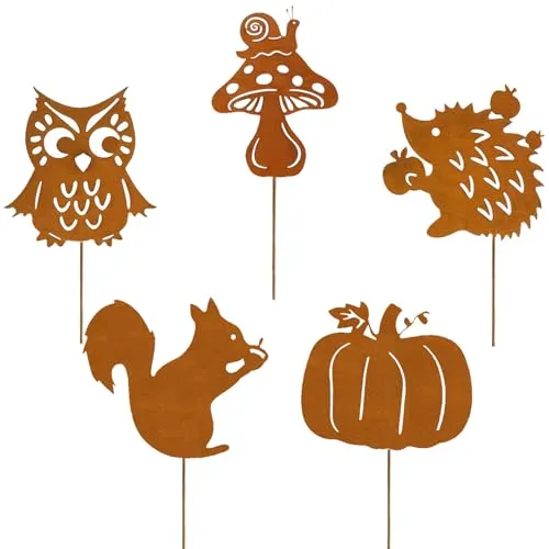 Ljevandria Gartenstecker Rost Herbstdeko Innen 5er Garten Deko Herbst für Draußen mit Igel Eule Pilze Eichhörnchen Kürbis Metall Roststecker Gartendeko Blumentopf Terrasse Geschenk Erntedank