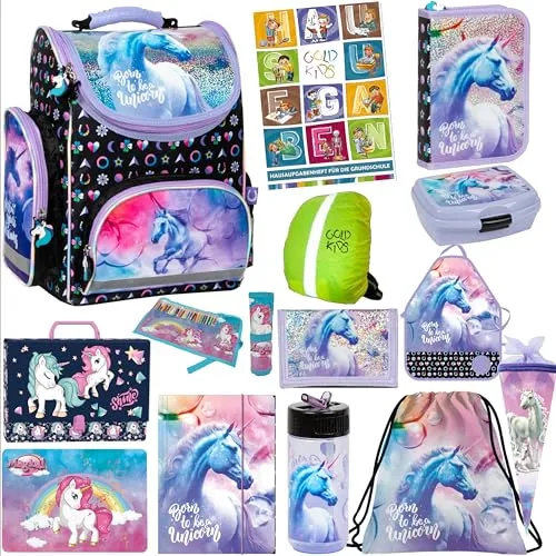 Goldkids Schulranzen Set - Einhorn Motiv für Jungen und Mädchen - Schulranzen Set für die 1-3 Klasse mit ergonomischem Design, inklusive hochwertiger Federmappe, Turnbeutel und praktischen Schulutensilien - ideal für kreative Einhorn-Fans!