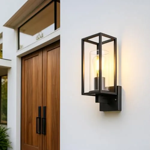 CGC Lighting Schwarze moderne Glas-Wandleuchte für den Außenbereich, Doppel-Laterne, Garten, Veranda, Terrasse, Wintergarten, Tür, Landhaus (schwarze Wandlaterne)