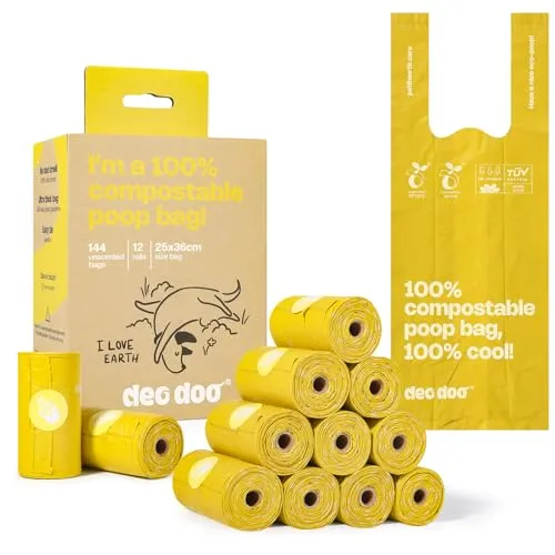 Kompostierbare Hundekotbeutelrollen mit Griffen, ASTM D6400- und EN 13432-konform, 144 Stück, biologisch abbaubare Hundekotbeutel für Hunde, auslaufsicher, extra dicke Kotbeutel zum Gassigehen