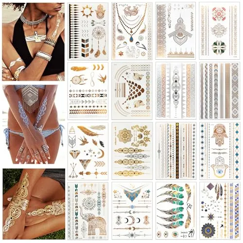 LUZOON Gold Tattoo Temporäre 16 Blätter 140+ Tattoos Metallic Flash Tattoos Wasserdichte Klebe Tattoo für Festival und Party Accessoire