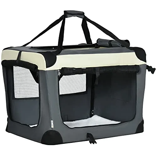 PawHut faltbare Hundebox mit Kissen 70 x 51 x 50 cm - Praktische Hundebox für kleine Hunde bis 10 kg, ideal für Reisen und Tierarztbesuche. Bequemer Innenraum mit weichem Kissen und drei Eingängen für einfachen Zugang.