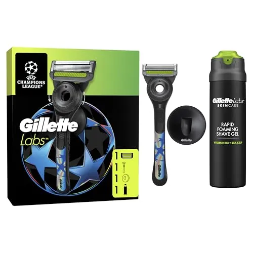 Produktbild Gillette Labs Rasierer Herren Nass, UEFA Champions League Special Edition — Inkl. 1 Nassrasierer, 1 Ersatzklinge, 1 Handstück mit Wandhalterung für Einfache Lagerung und Rasiergel 198ml