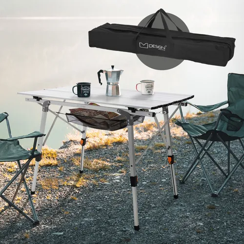 ML-Design Faltbarer Campingtisch Silber, 90x51,5 cm - Höhenverstellbarer Aluminium Klapptisch (46-66,5 cm) mit 30 kg Belastbarkeit, ideal für Camping, Picknicks und Gartenpartys. Leicht und tragbar, mit rutschfesten Füßen für Stabilität auf unebenem Terrain.