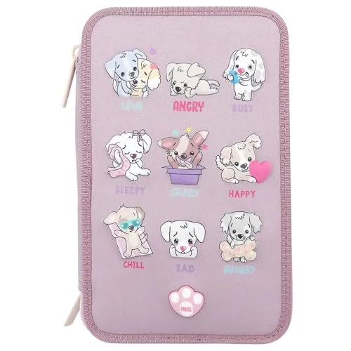 Depesche 12843 TOPModel - Lila Federtasche mit LED und Hunde Motiven - Federmäppchen für Mädchen, gefüllt mit Buntstiften und mehr. Cooles Extra: LED-Lämpchen wechseln die Hunde-Motive auf Knopfdruck. Perfekt für Schule und Freizeit!