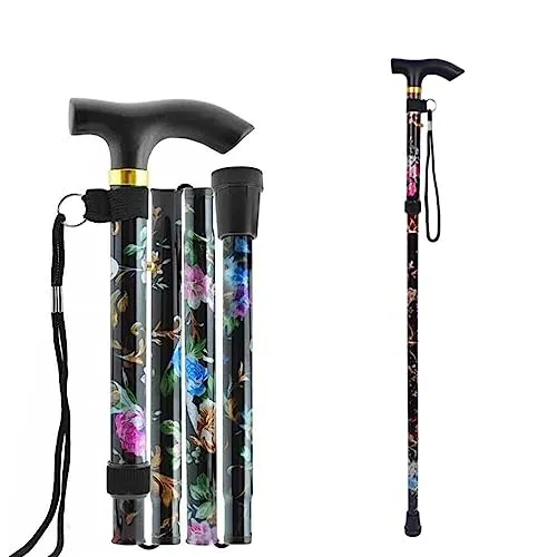 Verstellbarer Faltbarer Gehstock Schwarz Floral - Trekking- & Wanderstöcke: Leichter Aluminiumstock mit rutschfester Gummispitze für mehr Sicherheit, höhenverstellbar von 84 bis 93 cm für optimalen Komfort.