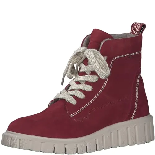 Tamaris Damen Stiefelette Leder mit Keilabsatz - Wanderschuhe mit weichem Leder-Obermaterial, komfortablem Wechselfußbett und stilvollem Keilabsatz für optimalen Tragekomfort bei jedem Schritt.
