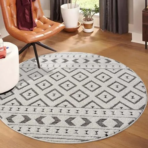 carpet city Kurzflor Teppich Grau, Creme - 200 cm Rund - Teppich für Wohnzimmer und Schlafzimmer, mit modernem Hochtief-Muster (3D-Effekt) für eine gemütliche Atmosphäre. Pflegeleicht und strapazierfähig, ideal für jeden Einrichtungsstil.