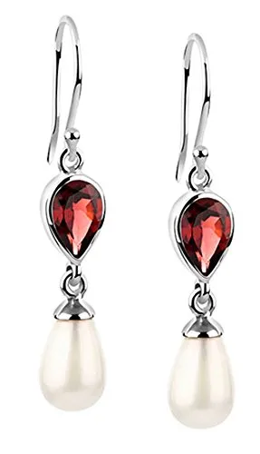 Elli Paar Ohrhänger mit Granat und Muschelkernperle - Perlenohrringe aus Silber 925 mit dunkelrotem Granat und eleganter Muschelkernperle, perfekt für festliche Anlässe und vielseitig kombinierbar.
