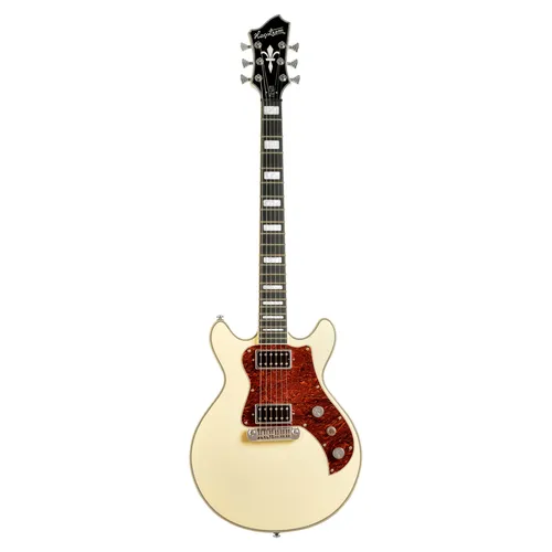 Hagstrom Megin Creme E-Gitarre - E-Gitarre mit Mahagoni-Korpus und Custom 62 Humbuckern, ideal für vielseitige Klänge von Blues bis Rock. Perfekte Bespielbarkeit und tolles Design im Creme Gloss-Finish.