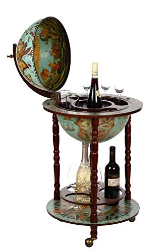 Edler Barwagen 36001 Blau - Antike Weltkugel Globusbar, 103 cm hoch, mit massiven Eukalyptusholz Säulen, bietet stilvolle Unterbringung für Flaschen und Gläser – ein echter Blickfang für Ihr Zuhause.