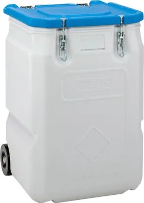 Mobil-Box CEMO, Volumen 250 l, für feste Gefahrstoffgüter Verpackungsgruppe II und III, konform mit ADR/RID/IMDG Code, Klappdeckel, PE, grau/blau 666258