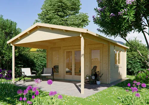 Gartenhaus Modell Julia 44 B – Stabil und Vielseitig - Massives Gartenhaus aus 44mm nordischer Fichte mit robustem Satteldach. Ideal für Gartenprojekte, bietet viel Platz und Sicherheit durch hochwertige Verarbeitung und isolierverglaste Fenster.