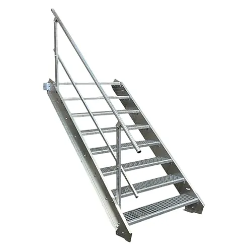 Robuste Stufen Stahltreppe mit Geländer 70cm - Stabile Außentreppe für Geschosshöhen von 120-160cm, ideal für industrielle Anwendungen und inklusive Zubehör für einfache Montage.