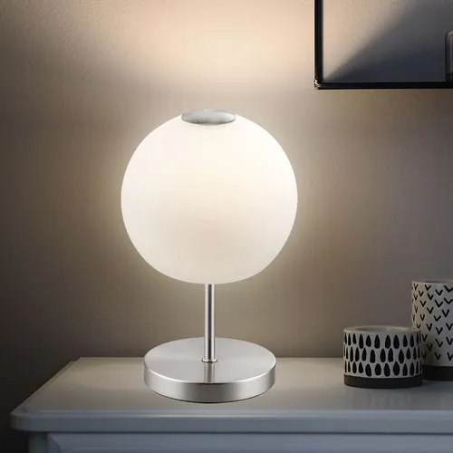 Kugelform Tischleuchte mit Touch-Funktion - Tischleuchte aus nickel-mattem Metall und opalem Glas, 360 Lumen warmweißes Licht, energiesparendes LED-Leuchtmittel inklusive, ideal für Arbeitszimmer oder als Beistelllampe.