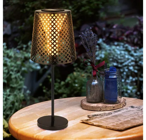 LED Solar Tischleuchte für Garten und Balkon - Stilvolle Solartischlampe aus schwarzem Metall mit dekorativen Stanzungen. Bietet warmweißes Licht (3000K) und leuchtet 6-8 Stunden – ideal für stimmungsvolle Abende im Freien.