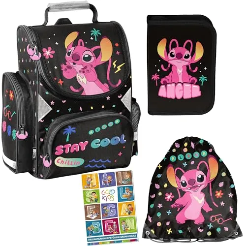 Goldkids - Schulranzen für Jungen und Mädchen - Schul-Rucksack für Kinder mit Federmäppchen - Schuhbeutel und Hausaufgabenheft - Lilo und Stitch Motiv - 1-3 Klasse