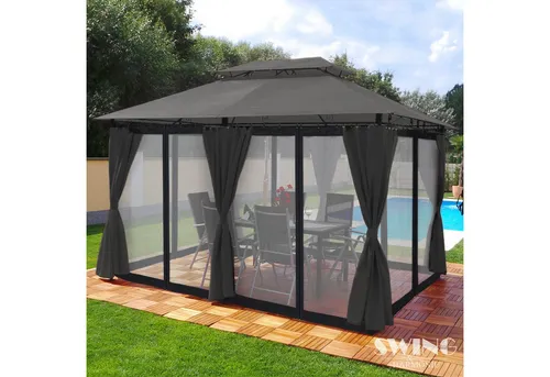 Swing&Harmonie Luxus LED Pavillon 3x4m - Minzo mit Seitenwänden - Pavillon mit integrierter LED-Beleuchtung und Solarmodul, ideal für Gartenpartys und entspannte Sommerabende, schützt vor Sonne und Regen.