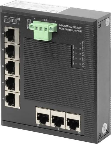 Digitus DN-651127 Industrial Ethernet Switch 8 Port - Netzwerk-Switches für raue Umgebungen, temperaturbeständig von -40°C bis 85°C, lüfterloses Design für Energieeffizienz und ständige Verfügbarkeit in sensiblen Bereichen.