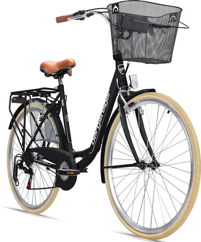 Bergsteiger Paris 26 Zoll Damenfahrrad mit Korb und Licht - Elegantes Citybike für Damen ab 140 cm. Ausgestattet mit praktischem Einkaufskorb und batteriebetriebenem Licht für mehr Sichtbarkeit im Verkehr. Die 6-Gang Shimano Schaltung sorgt für müheloses Fahren in der Stadt.