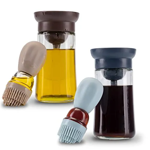Fino Casa Ölspender 2 in 1 - 2er Set Blau & Beige - Essig & Öl Spender mit integriertem Silikonpinsel für müheloses Dosieren und Marinieren – ideal für Hobbyköche und Grillfreunde.