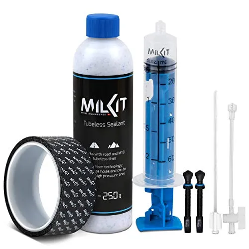 milKit Tubeless Conversion Kit - Fahrradwerkzeuge für eine saubere und einfache Tubeless-Umrüstung, inklusive Dichtmilch und innovativem Spritzen-System für müheloses Nachfüllen.