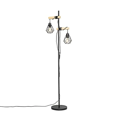 Qazqa Vintage Land Stehlampe schwarz mit Holz - 2-Licht Chon - Standleuchte im Landhausstil, dimmbar und ideal für Wohnzimmer oder Schlafzimmer. E27 Fassung, geeignet für LED-Leuchtmittel, bringt warmes Licht in Ihr Zuhause.