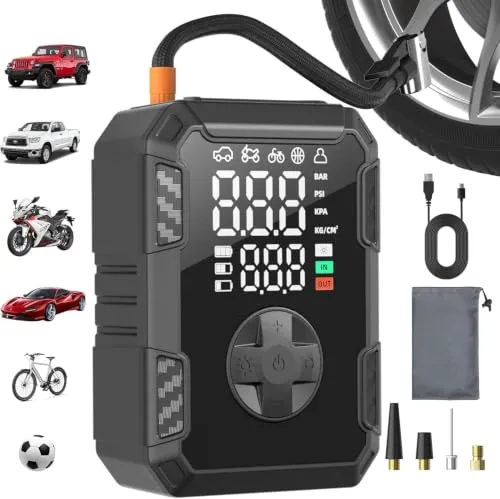 Oasser Elektrische Luftpumpe 10,3 Bar, 19 Zylinder Fahrradpumpe Auto-Off | Mini Pumpe, 4 ventil düse, 4000mAh Akku, 5 Modi, 4 Druckeinheiten, LED Licht, für E-Bike Autoreifen Motorrad Fahrrad Ball