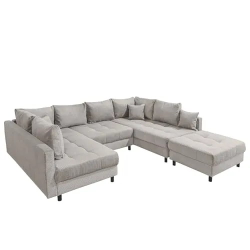 riess-ambiente Wohnlandschaft KENT 305cm greige/schwarz - Moderne XXL Wohnlandschaft in U-Form mit hochwertiger Federkern-Polsterung für optimalen Sitzkomfort. Inklusive Hocker und Kissen für maximalen Komfort im Wohnzimmer.