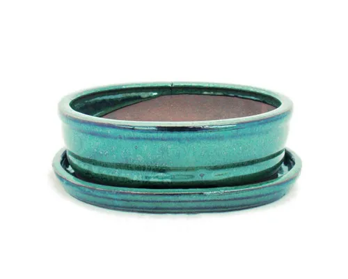 Exotenherz Pflanzschale Bonsai-Schale mit Unterteller Gr. 2 - Grün oval - Modell O7 - L 15,5cm