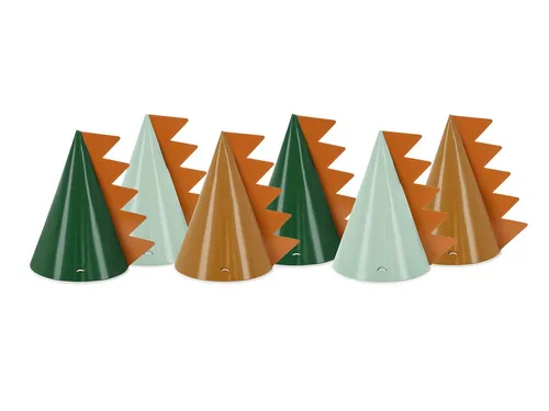 partydeco Papierdekoration, Partyhüte 16cm Geburtstagshut Dinosaurier Muster 6er Set Grün / Braun