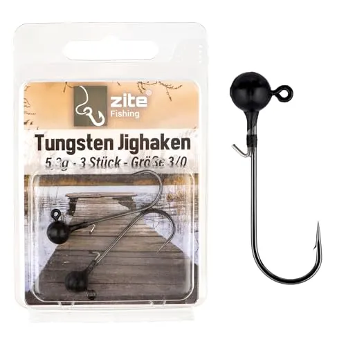 Zite Fishing Tungsten Jighaken Set | Bleifrei Jigköpfe mit Angelhaken 1/0-5/0 Matt-Schwarz | Ultrascharfe Jigheads Haken Barsch & Zander Angeln | Gummiköder Haken mit Angelgewicht (3/0 5,3g)