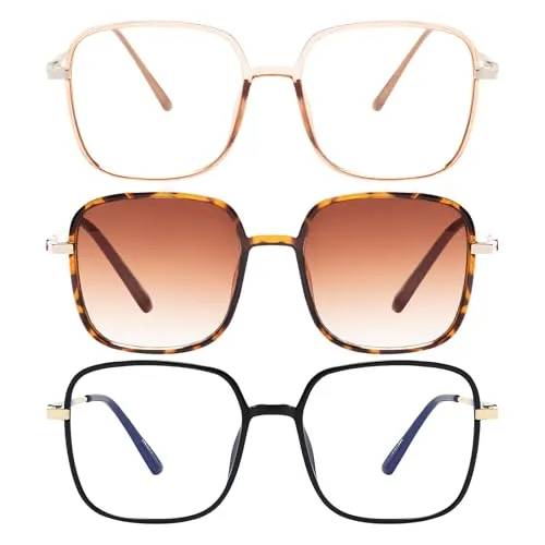 EYEGLSMST 3er-Pack Übergroße Lesebrillen 3,0 für Damen mit Lesesonnenbrille, Große Quadratische Blaulichtfilter Computerleser, Gross UV400 Getönte Sonnen-Leser