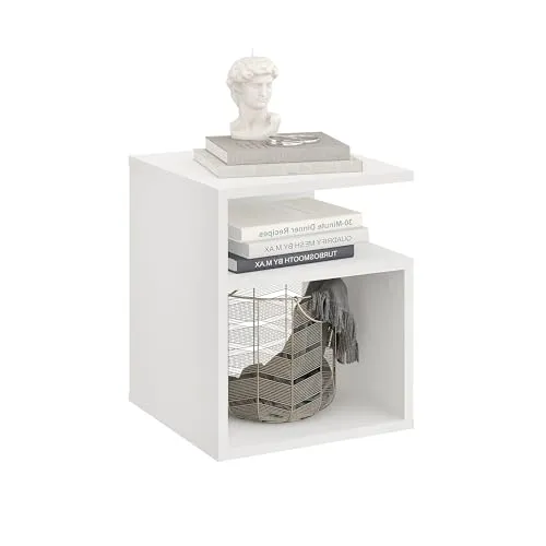 KOMTO Nachttisch Weiß – Nachtschrank, Beistelltisch mit 2 offene Fächer, Nachtischschrank für Schlafzimmer, Wohnzimmer | Bedside Table KABA 35 x 35 x 41,5 cm
