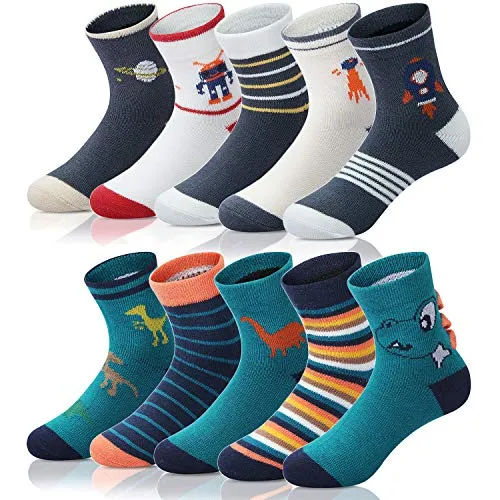 Adorel Jungen Socken Baumwolle Kindersocken Babysocken Strümpfe 10er-Pack Dinosaurier und Raumfahrt 27-30 (Herstellergr. L)