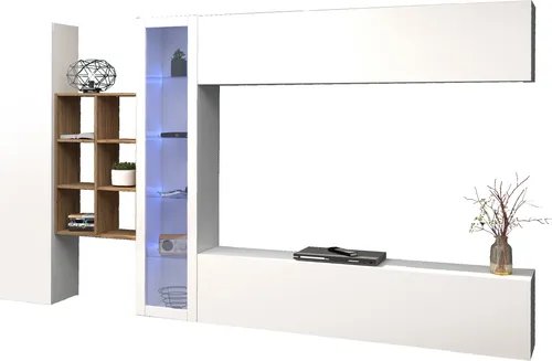 Wohnwand Benevent (5-teilig) in Weiß Hochglanz - 320x180x30 cm - Moderne Wohnwand in Weiß Hochglanz mit fünf funktionalen Teilen. Ideal für stilvolle Wohnzimmergestaltung und optimale Präsentation Ihrer Lieblingsstücke. Flexibel montierbar und pflegeleicht.