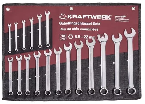 Kraftwerk Ringmaulschlüssel Ringgabel Satz 5-22 mm 18 tlg in Canvas Rolltasche - Werkzeug-Sets mit hochglanzpolierten Ringmaulschlüsseln, ideal für präzise Arbeiten und platzsparend in der praktischen Canvas Rolltasche.