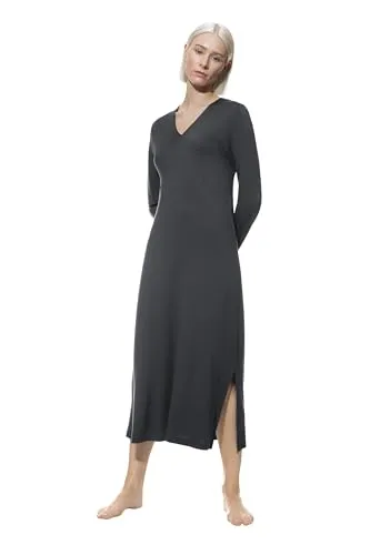Mey Nachtwäsche Pure Chic Damen Nachthemden Thunder Grey XS - Elegantes Nachthemd mit klassischem Reverskragen und durchgeknöpfter Front. Der gerade Schnitt und der feste Griff sorgen für Komfort und Stil, ideal für kühle Nächte.