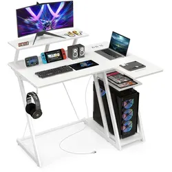 COSTWAY Schreibtisch mit Steckdosen, USB-Anschlüssen, Kopfhörerhaken, Monitor- & CPU-Ständer, Computertisch klein, 107x45x93cm - Weiß