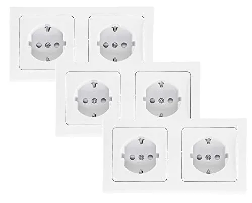 ChiliTec 2-fach Steckdose Unterputz Delphi 2x Schutzkontakt-Steckdosen mit Rahmen UP Einbau - Doppelsteckdose Anschluss Steckklemme 3 Sets Weiß