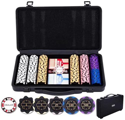 Engelhart Pokerkoffer 300 Chips Set im schwarzen Alukoffer – Pokerset mit 14 g Pokerchips, 2 Spielkarten-Decks, Dealer Button & Würfeln – Casino Spiel für Texas Hold’em & Black Jack