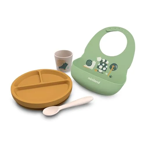 Miniland - Baby-BLW-Geschirr aus Silikon | Baby-Teller mit Rutschfester Saugfunktion, Silikon-Lätzchen mit Tasche, Becher und Besteck | Kindergeschirr für Baby Led Weaning (Set Garden)