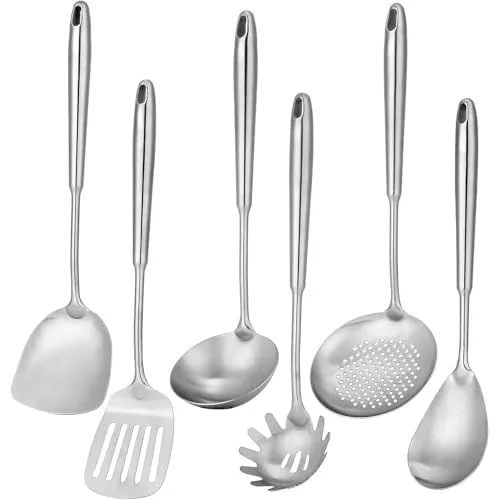 Refein Edelstahl Küchenutensilien Set 6 Teilige, 304 Edelstahl Kochlöffel-Set Inklusive Schöpfkelle, Suppenkelle, Schaumlöffel, Schlitz Pfannenwender, Solider Wokpfannenwender, Pasta Server