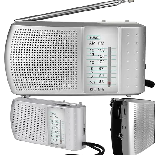 Retoo Tragbares Radio FM AM SW Küchenradio – Kompaktradio für die Küche mit Teleskopantenne, 2,5 Zoll Lautsprecher, Kopfhöreranschluss, Mini Radio Batteriebetrieb, ideal für Zuhause, Silber