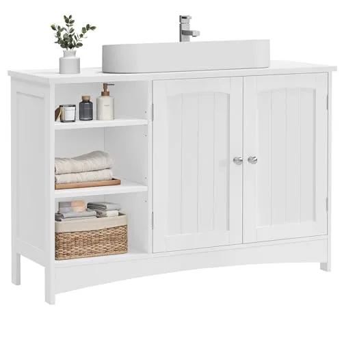 VASAGLE Waschbeckenunterschrank - Extra langer Badschrank mit 2 Türen - Unterschrank fürs Bad mit hochwertiger MDF-Oberfläche, höhenverstellbaren Ablagen und viel Stauraum für Handtücher und Pflegeartikel.
